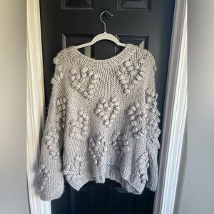 Elenza Gray Heart Knit Pom Pom Sweater-Size L